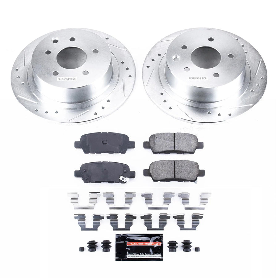 Power Stop K098 Rear Brake Kit Z23 Carbon-Fiber Ceramic Brake Pads and Drilled Slotted Disc Rotors For Nissan Altima Maxima Sentra Juke [Application Specific 11.46" Rotors]