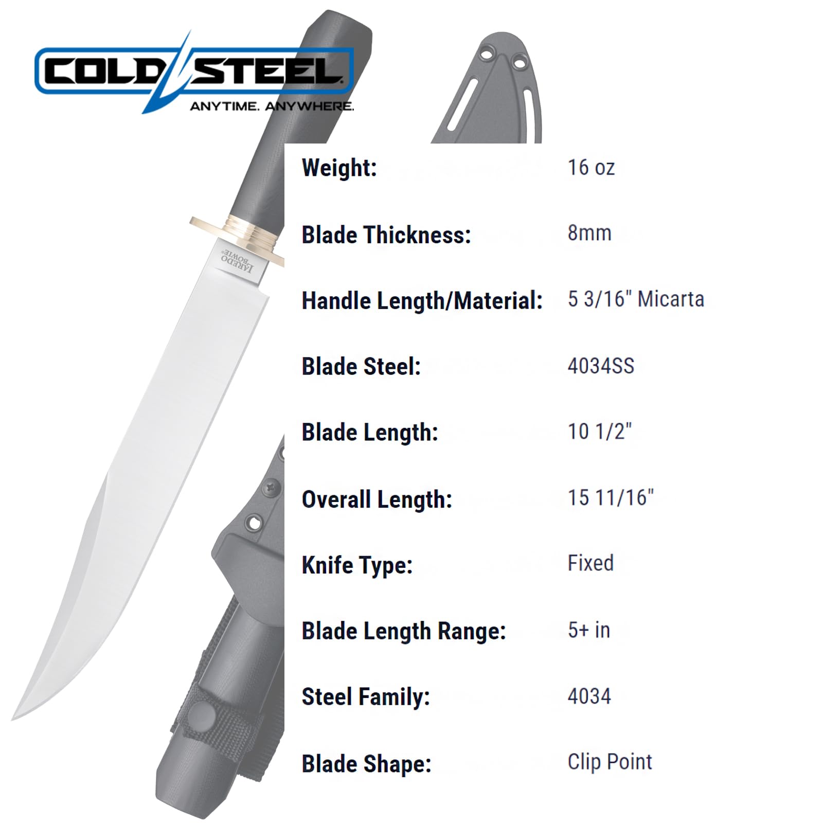 Laredo Bowie Cold Steel 10.5" 4034SS Razor-Sharp Clip Point Blade 5.1875" Micarta Handle Tactical Fixed Blade Knife w/Secure-Ex Sheath