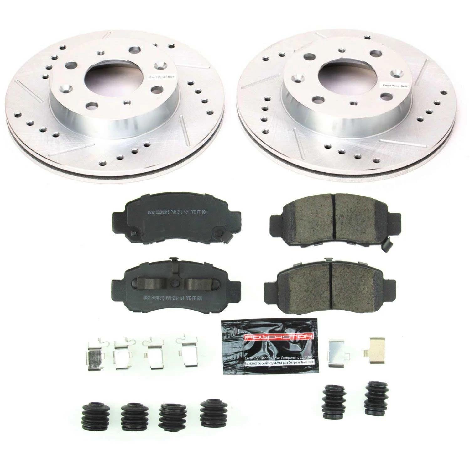 Power Stop K5224 Z23 Carbon Fiber Brake Pads Front with Drilled & Slotted Brake Rotors Kit For Honda Insight 2000-2006 [Model Specific]