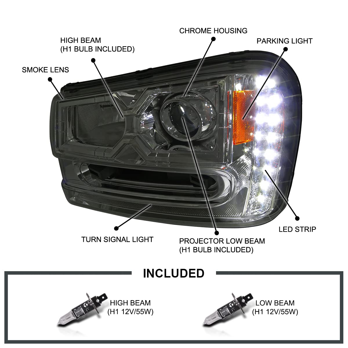 Smoke SPEC-D TUNING Projector Headlights w/LED Compatible with 2002-2009 Chevy Trailblazer, Left + Right Pair Headlamps Assembly