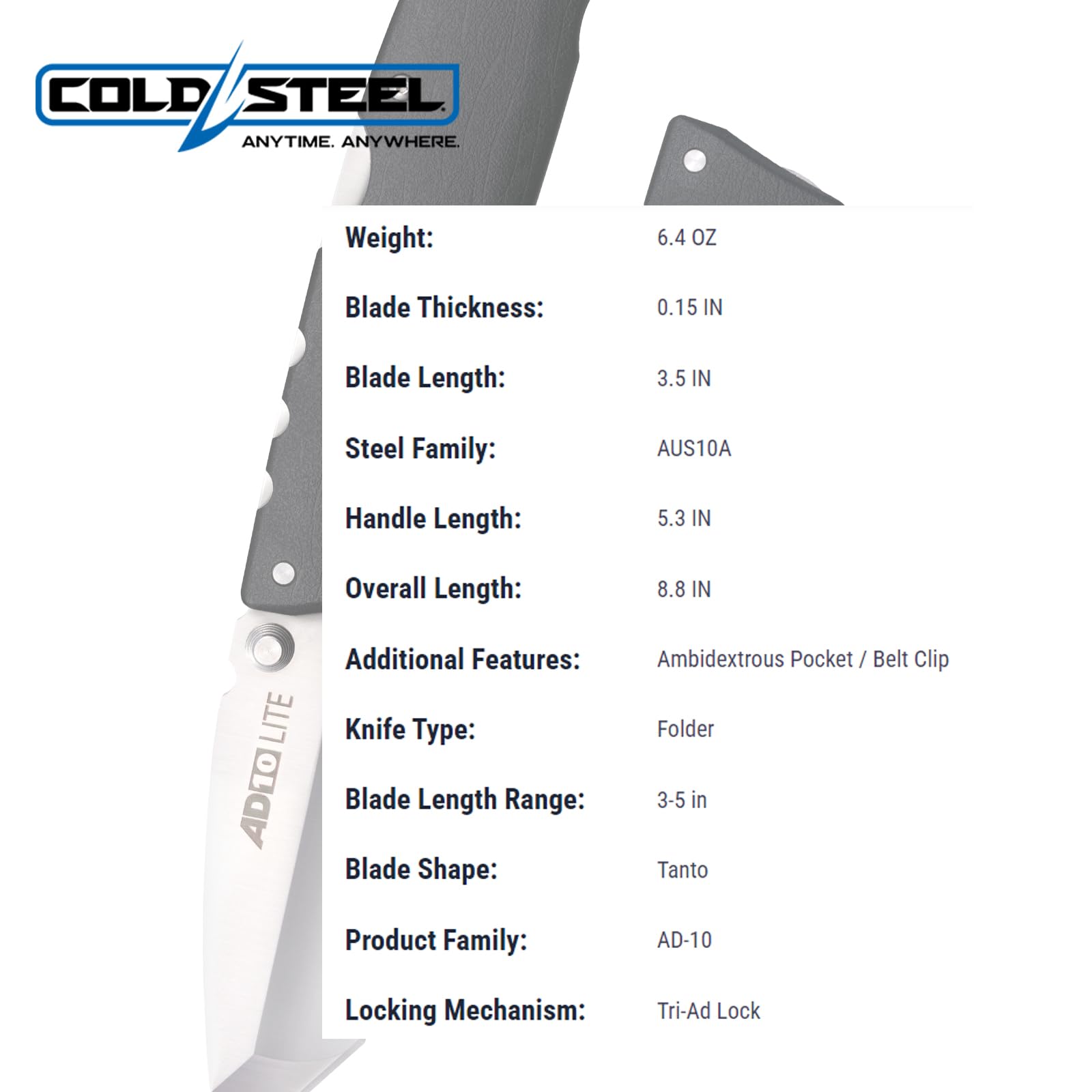 AD-10 Lite COLD STEEL 3.5" AUS10A Steel Ultra-Sharp Tanto Point Blade 5.25" GFN Handle Tactical Folding Knife - Tri-Ad Locking Mechanism