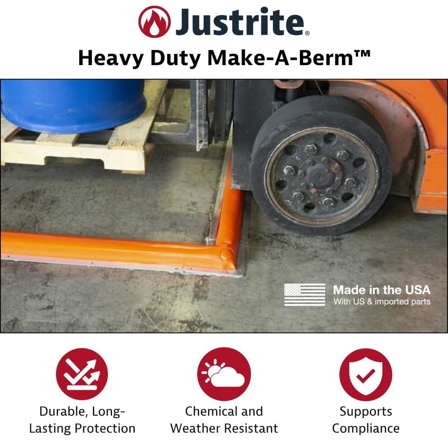 Justrite Fuel Spill Make-A-Berm™ Containment Curbs 12.5' Long x 2" High Heavy Duty Straight Section, Custom Chemical Spill Containment Berm System, Orange PVC Coated Fabric, Made in The USA, 28491