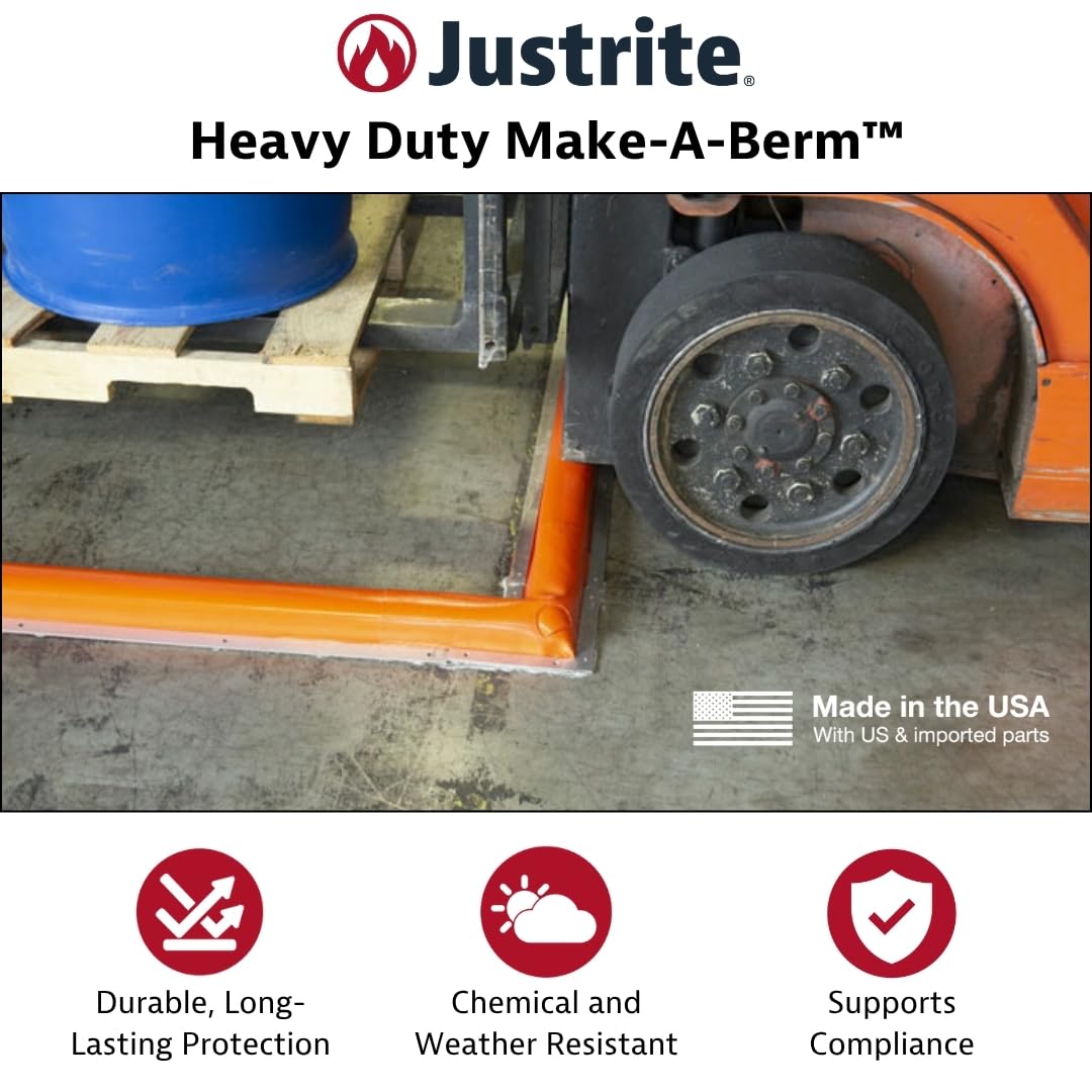 Justrite Fuel Spill Containment Curbs Make-A-Berm™ 1.5" High Heavy Duty Vented Corner Set (2 Pieces), Custom Chemical Spill Containment Berm System, Orange PVC Coated FabricMade in The USA, 28494