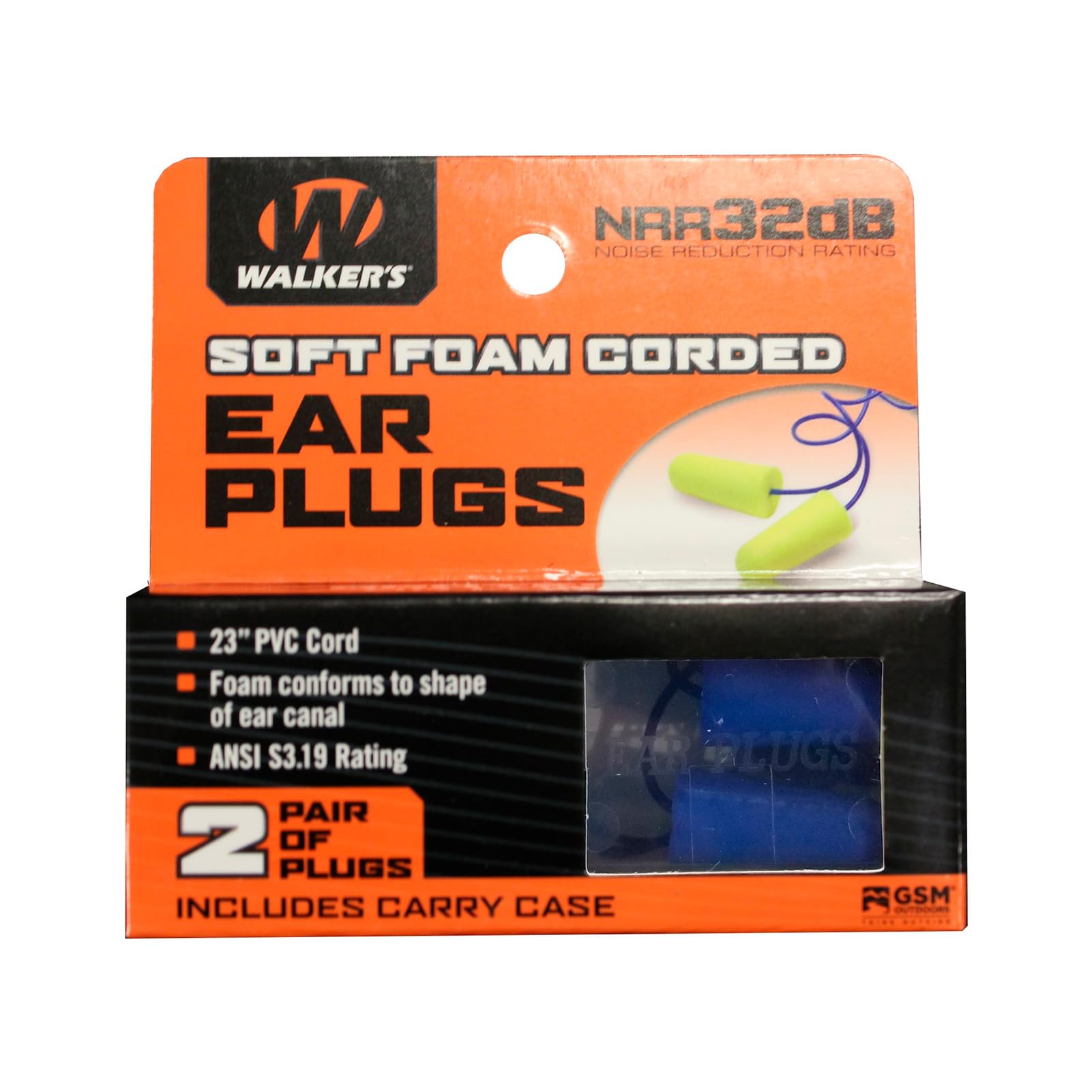 32dB Walker's NRR Noise-Blocking ANSI S3.19 Hearing Protection Shooting Hunting Work Soft Comfortable 23" PVC Corded Foam Earplugs, 2 Pairs & Carrying Case