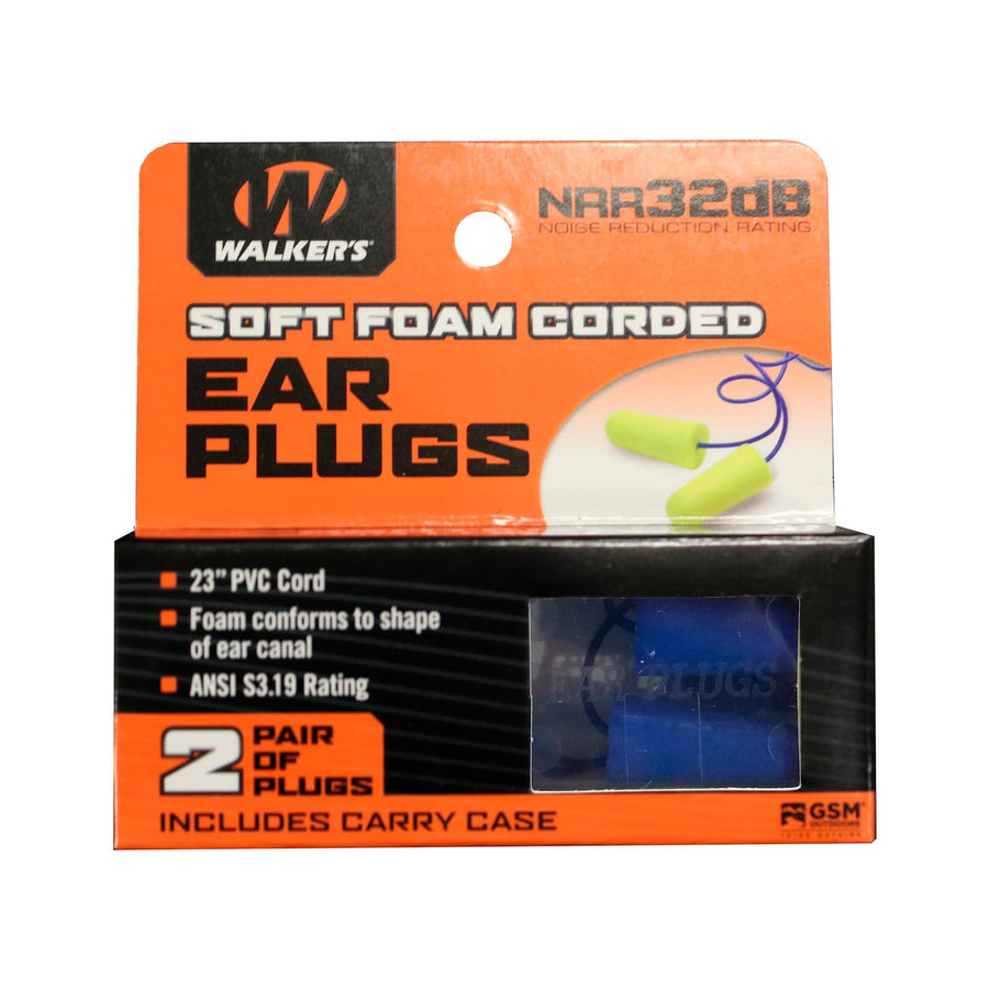 32dB Walker's NRR Noise-Blocking ANSI S3.19 Hearing Protection Shooting Hunting Work Soft Comfortable 23" PVC Corded Foam Earplugs, 2 Pairs & Carrying Case