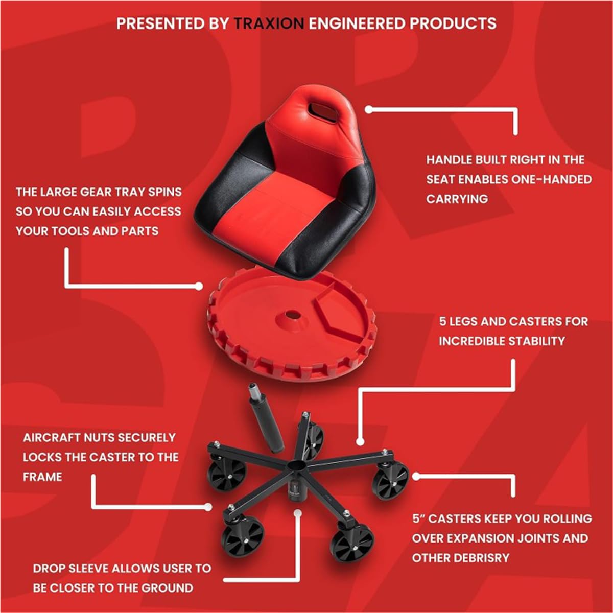 2-700R Traxion 2-700 Progear Mobile Rolling Gear Race Seat With Tray And Five All Terrain Casters - Red