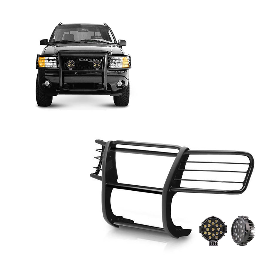 Bumper Guard Modular Black Horse Grille brush Come With pair of 7.0"Dia.LED Lights with Black Trim Rings Compatible with 2002-2005 Ford Explorer-17FJ26MA-PLB