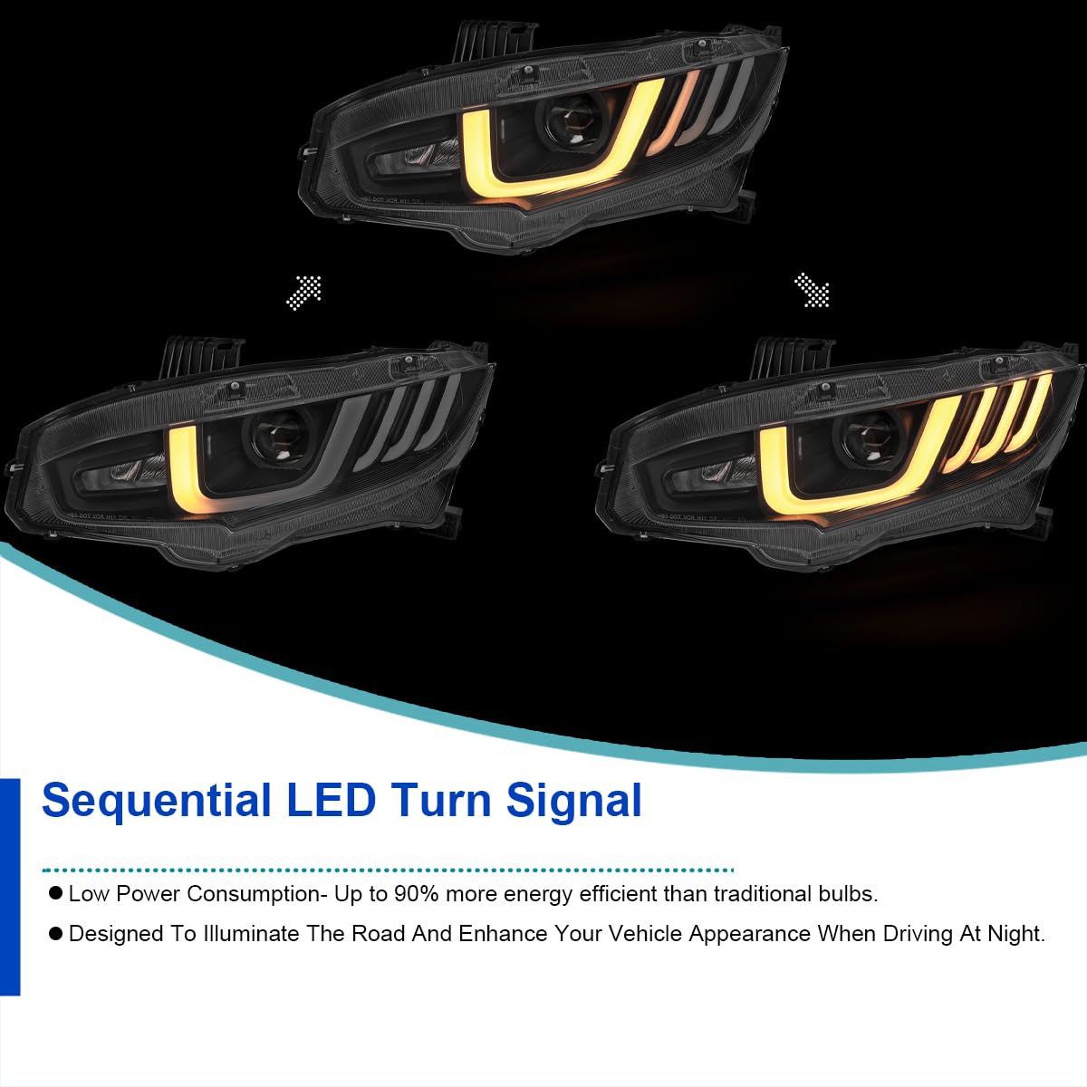 Black LED Tube Projector Headlights w/Switchback Sequential Signal SPEC-D TUNING Compatible with 2016-2021 Honda Civic Models with Factory Halogen Headlights Left + Right
