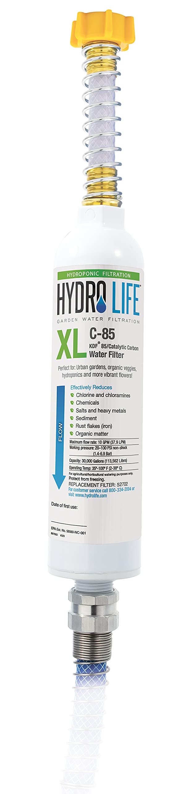 Hydroponics Hydro Life C-85 XL Inline Hose Filter Camco 52702 with Flexible Hose Protector - Reduces Chlorine and Other Contaminants, Promotes Healthy Plant Growth, White