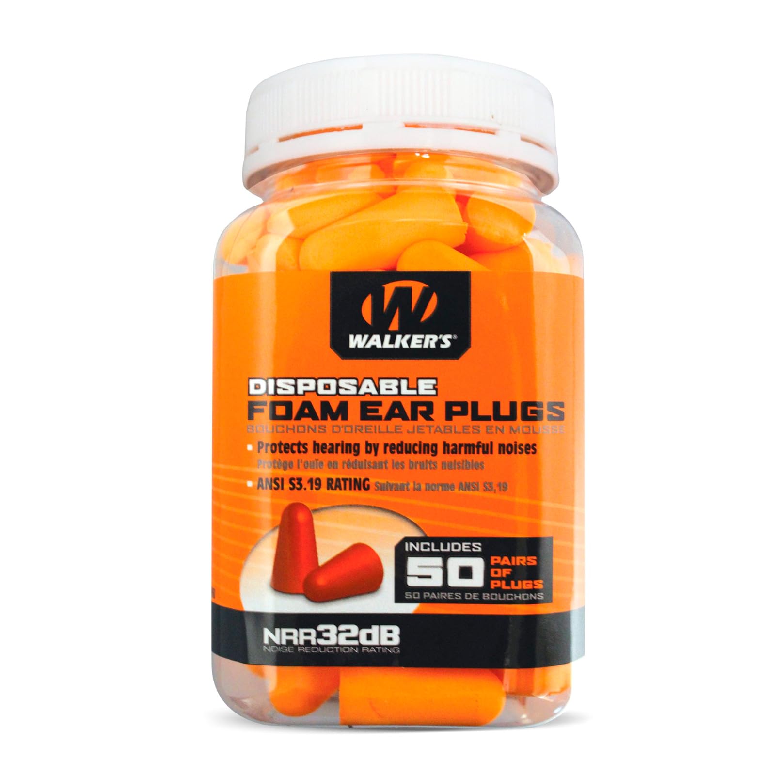 32dB Walker's Noise-Canceling ANSI S3.19 Hearing Safety Protection Range Shooting Hunting Work Soft Comfortable Adaptable Foam Earplugs, Security Sealed Jar, 50 Pairs, Orange