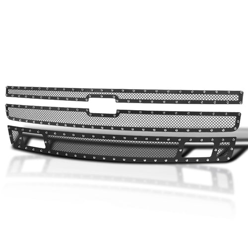 Spec-D Tuning Black Rivet Mesh Upper&Lower Main Grille Inserts 3PC Compatible with 2007-2013 Chevy Silverado 1500