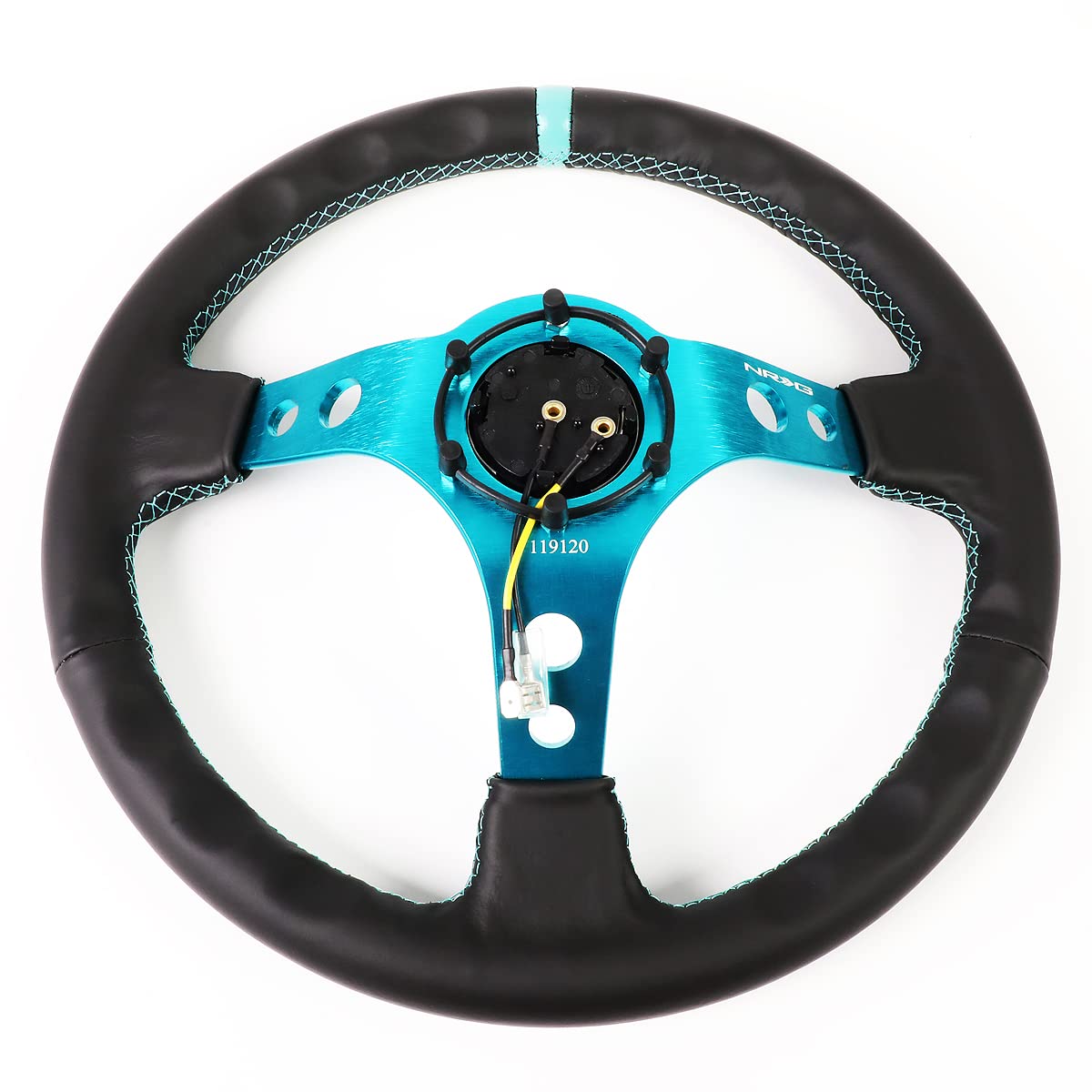 NRG Innovations Reinforced NRG-RST-006TL Steering Wheel 350mm Sport Steering Wheel (3" Deep), Black Leather Teal Center Mark with Teal Stitching and Teal Center Spoke