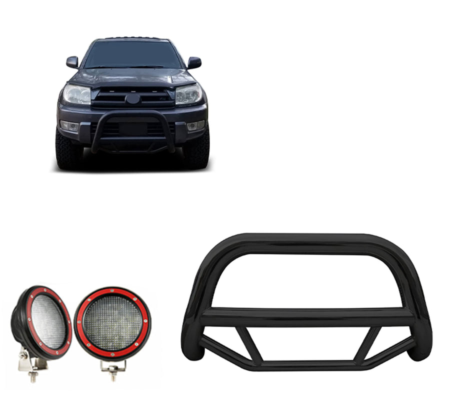 Max Bull Bar Black Horse Incl. Pair of 5.3" Dia.LED Lights w/Red Trim Rings No Skid Plate Compatible with 2003-2009 Lexus GX470|2003-2009 Toyota 4Runner-MBB-TOF7007-PLFR