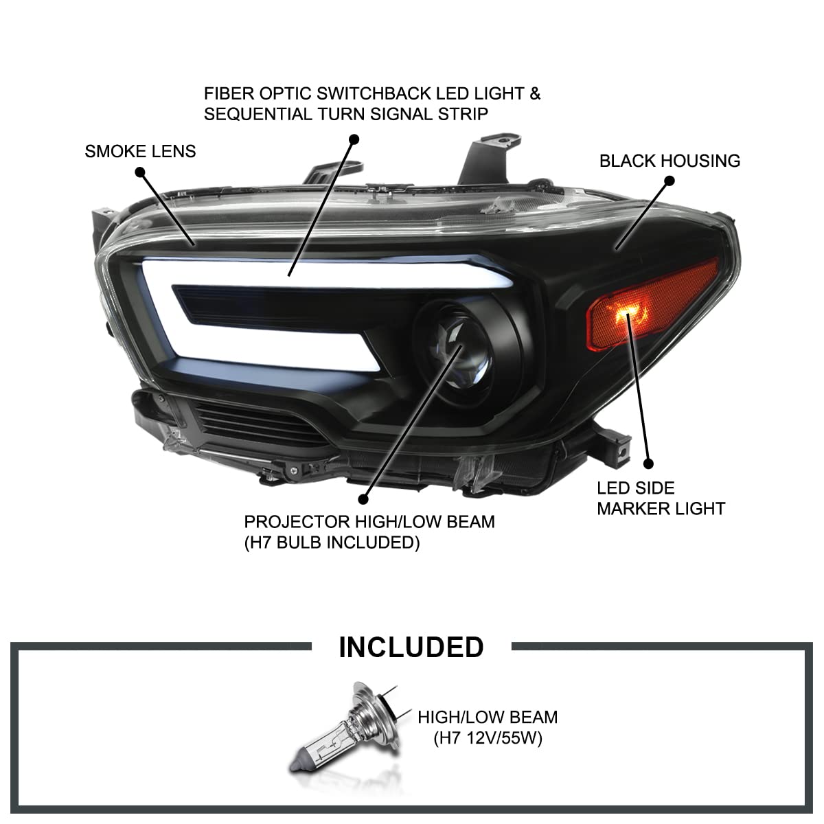 Black Smoke SPEC-D TUNING Projector Headlights w/Switchback Sequential LED Turn Signal Compatible with 2016-2022 Toyota Tacoma, Left + Right Pair Headlamps Assembly