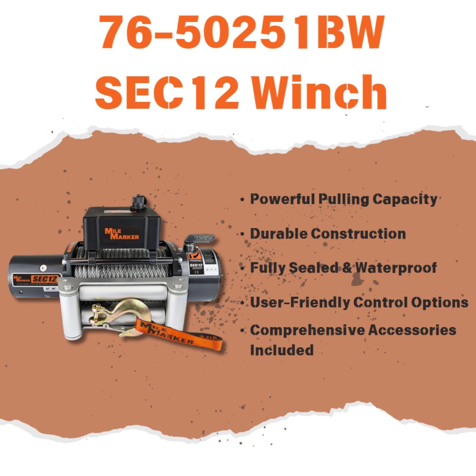 SEC12 Mile Marker 76-50251BW Winch - 12000 lb. Pull Strength - Steel Cable & Roller Fairlead - Built for Tough Terrains - Waterproof - Handheld Remote Controller Included - Withstands Rigorous Use