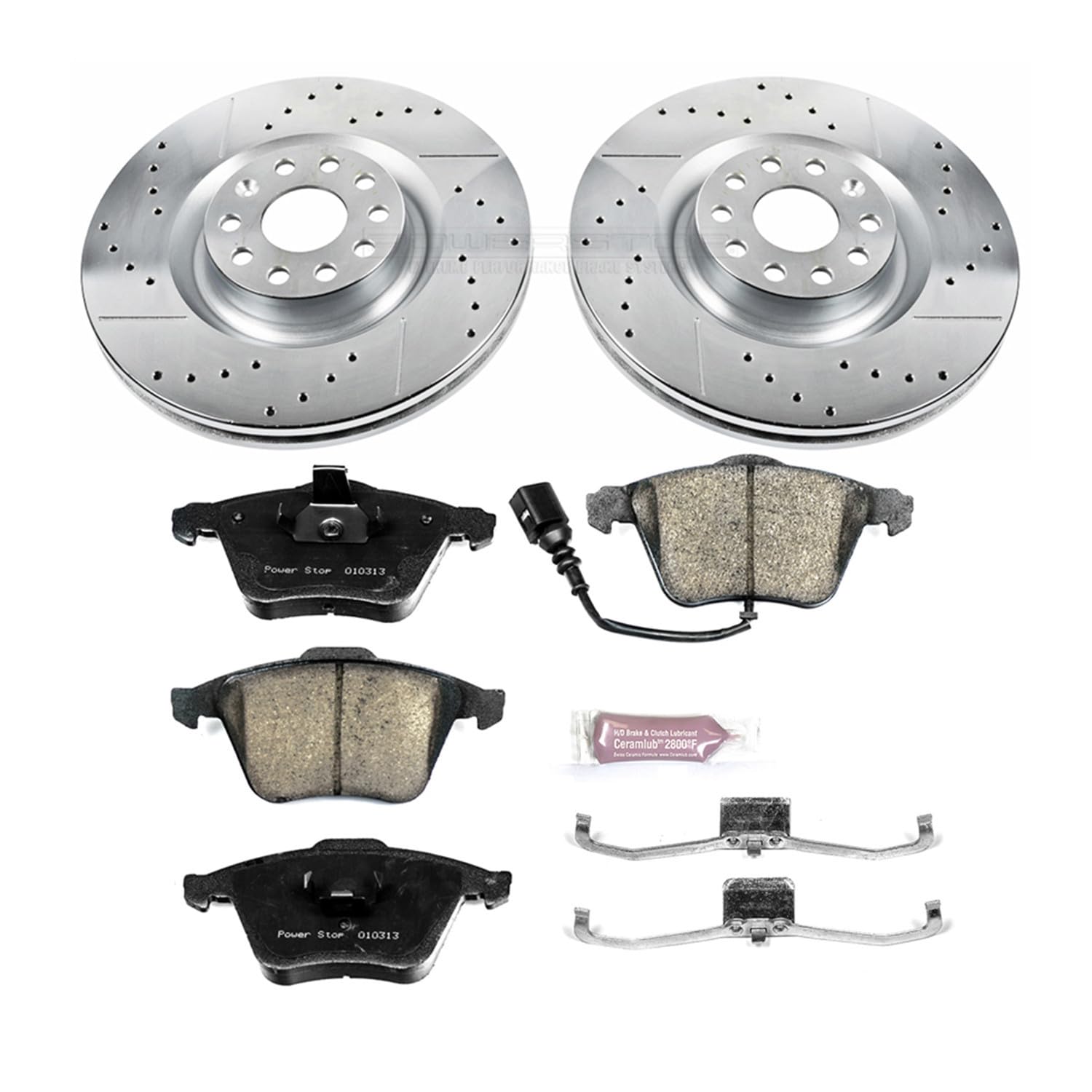 Power Stop K5425 Z23 Carbon Fiber Brake Pads Front with Drilled & Slotted Brake Rotors Kit For VW CC, VW Golf R, VW Passat, Volkswage [Model Specific]