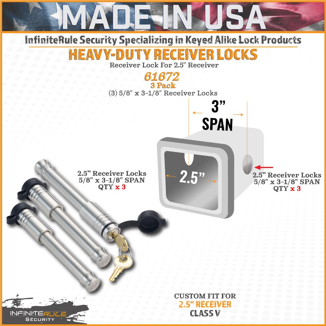 3 Pack, InfiniteRule Security 61672 | Keyed Alike, Receiver Locks for 2" and 2.5" Receiver Class III, IV, V and Gen-Y Hitch Mega Duty 10K LB & 16K LB
