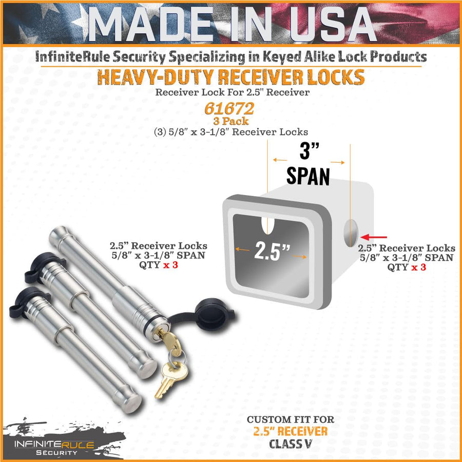 3 Pack, InfiniteRule Security 61672 | Keyed Alike, Receiver Locks for 2" and 2.5" Receiver Class III, IV, V and Gen-Y Hitch Mega Duty 10K LB & 16K LB