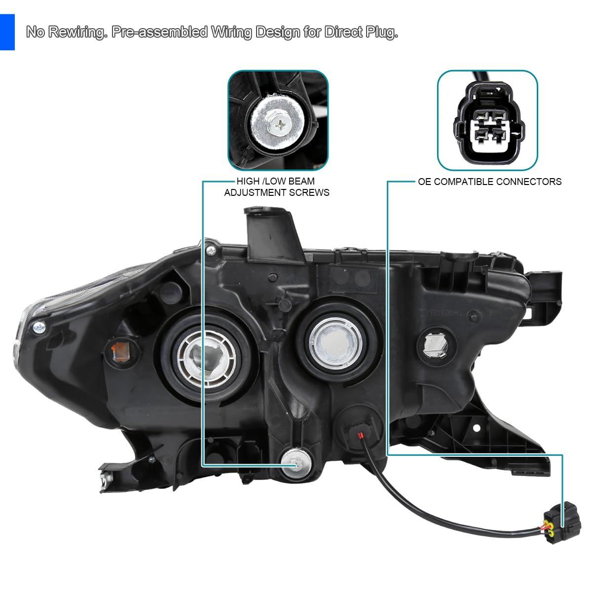 Black SPEC-D TUNING Projector Headlights w/LED Strip Compatible with 2016-2022 Toyota Tacoma with factory LED daytime running lights, Left + Right Pair Headlamps Assembly