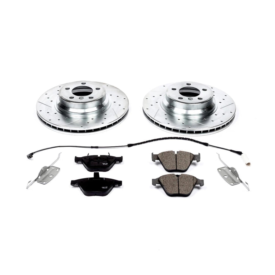Power Stop K2054 Z23 Carbon Fiber Brake Pads with Drilled & Slotted Brake Rotors Kit and 1 Front Sensor Wire For BMW 745Li, BMW 745i, BMW 750Li, BMW 750i, BMW 760Li, BMW 760i [Model Specific]