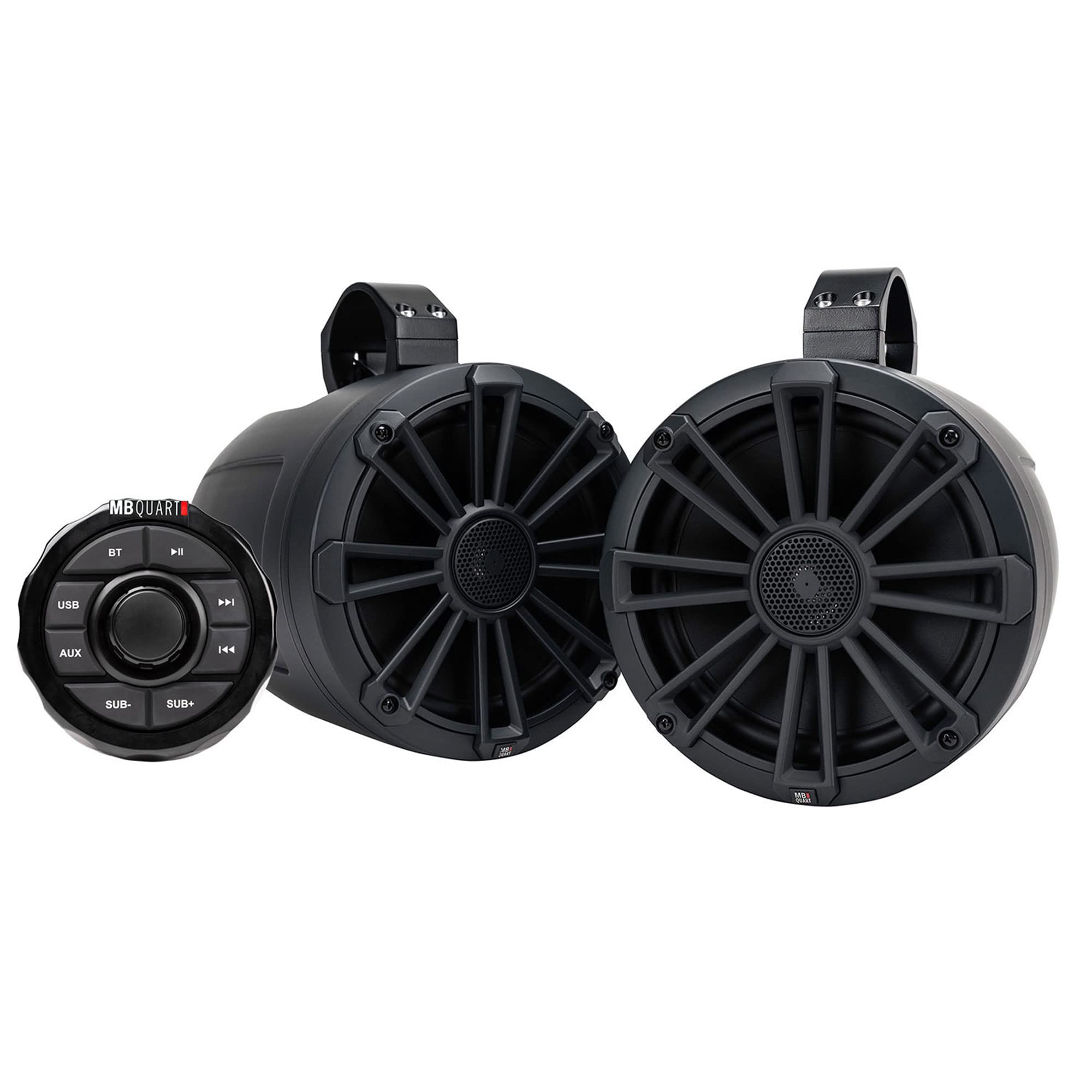 MB Quart 160 Watt Rugged UNI8.1R Universal UTV Tuned Audio Speaker System with Bluetooth Source Unit and 8 Inch 2 Way Speakers with Tower Enclosures