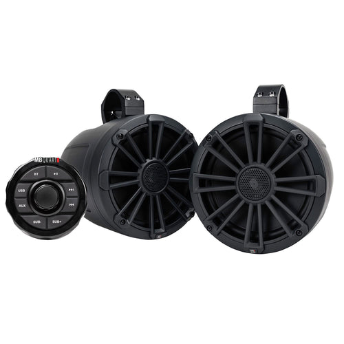 MB Quart 160 Watt Rugged UNI8.1R Universal UTV Tuned Audio Speaker System with Bluetooth Source Unit and 8 Inch 2 Way Speakers with Tower Enclosures