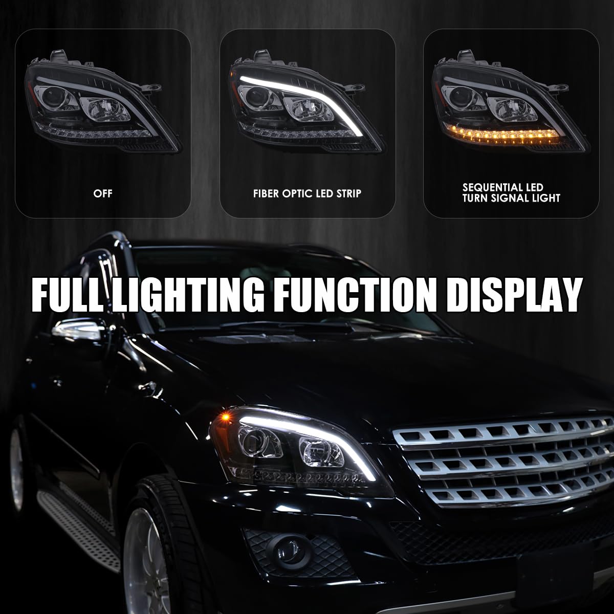 Smoke SPEC-D TUNING Projector Headlights with LED Sequential Turn Signals Compatible with 2009-2011 Mercedes Benz W164 ML320, Left + Right Pair Headlamp Assembly