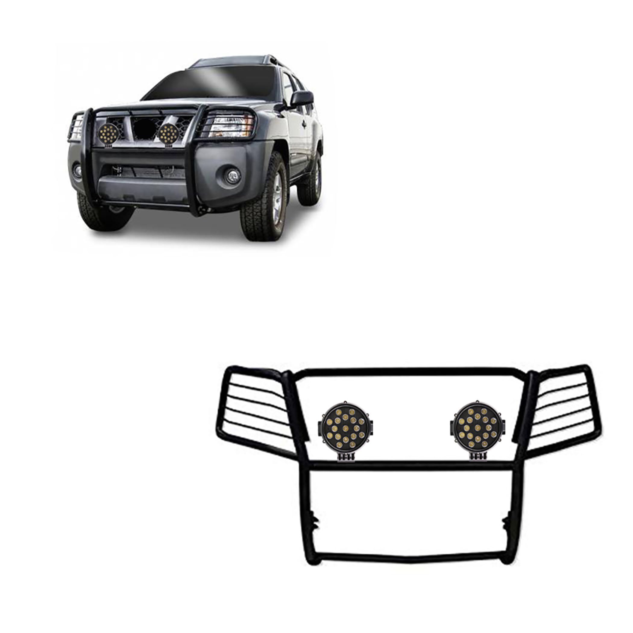 Bumper Guard Modular Black Horse Grille brush Come With pair of 7.0"Dia.LED Lights with Black Trim Rings Compatible with 2005-2015 Nissan Xterra-17A112100MA-PLB