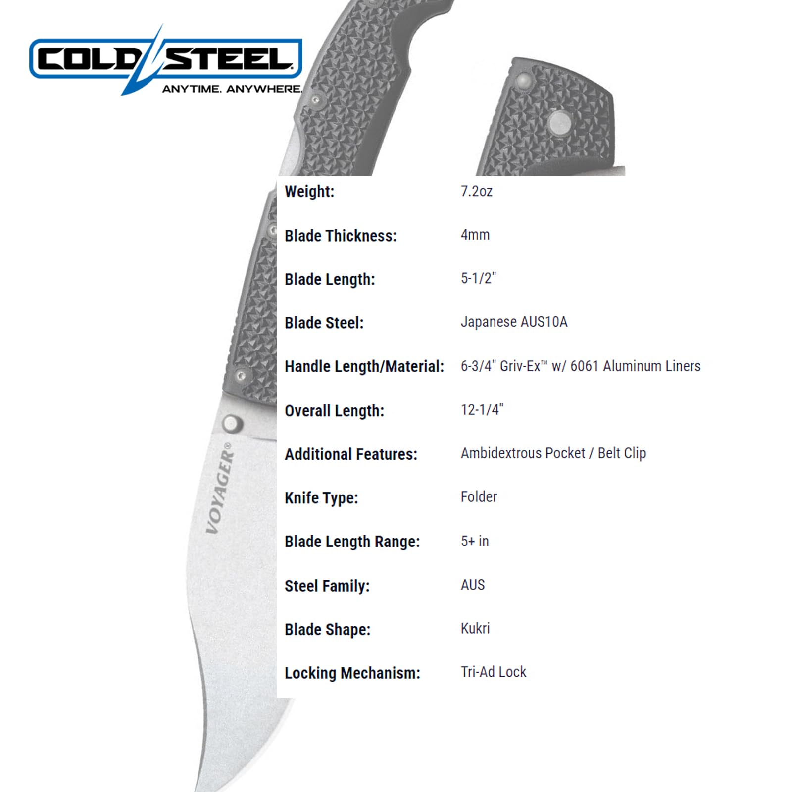 Cold Steel Vaquero XL Voyager 5.5" AUS10A Kukri Plain Edge Razor-Sharp Blade 6.75" Griv-Ex Handle Everyday Carry Tactical Folding Knife