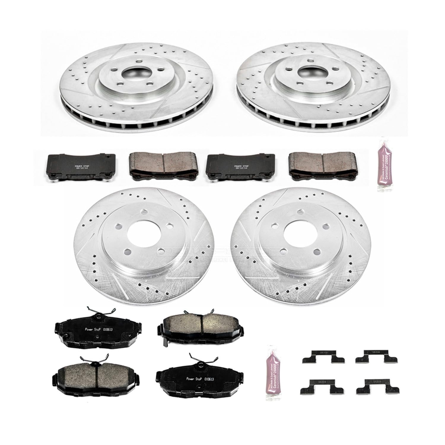 Power Stop K5942 Z23 Carbon Fiber Brake Pads Front and Rear with Drilled & Slotted Brake Rotors Kit For Ford Mustang 2012 [Model Specific]
