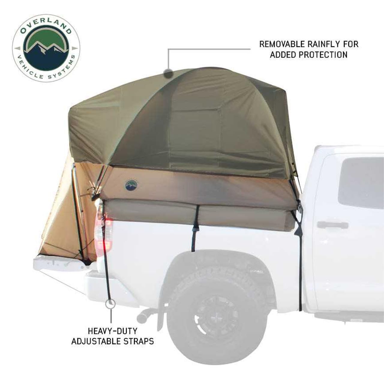 LD TACT Overland Vehicle Systems Truck Bed Tents - Tan Body & Green Rainfly 2-3 Person Tents (Full-Size Truck - 6.5' Bed) - Premium 420D Material - Perimeter Skirt and Reinforced Floor