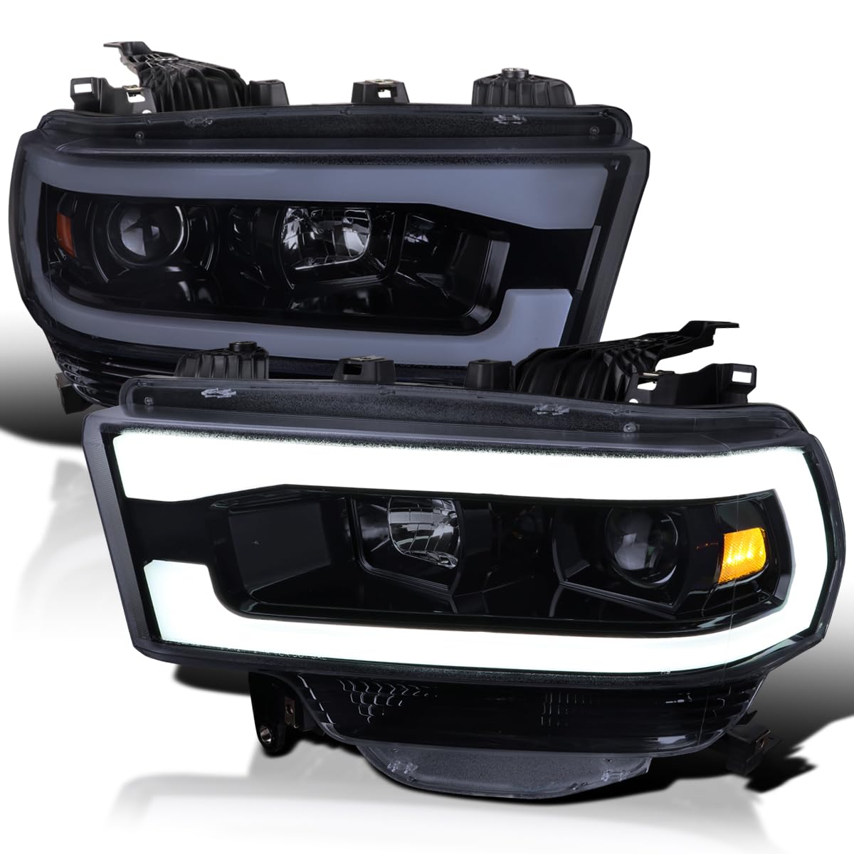 Glossy Black Smoke SPEC-D TUNING Projector Headlights w/LED Bar Compatible with 2019-2024 Dodge Ram 2500, 3500, 4500, Left + Right Pair Headlamps Assembly