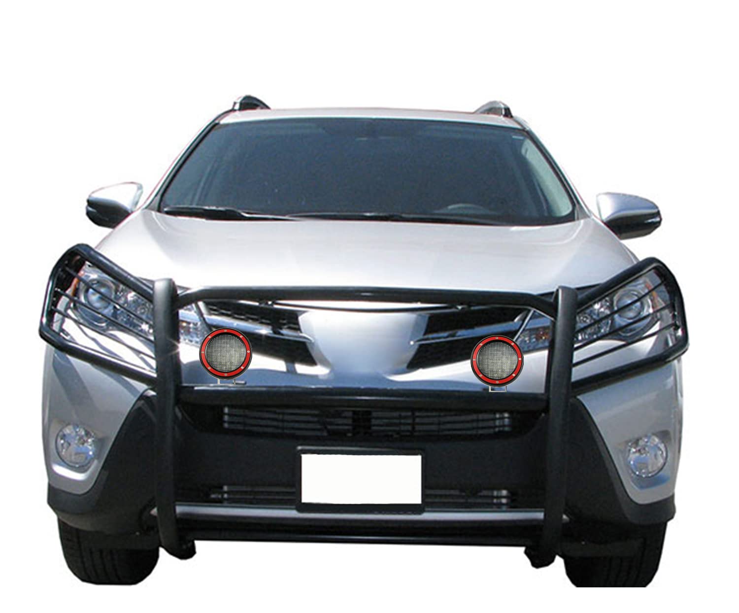 Bumper Guard Black Horse Grille Brush Modular Black Come with Pair of 5.3" Dia.LED Lights with Red Trim Rings Compatible with 2006-2018 Toyota RAV4-17A093902MA-PLFR