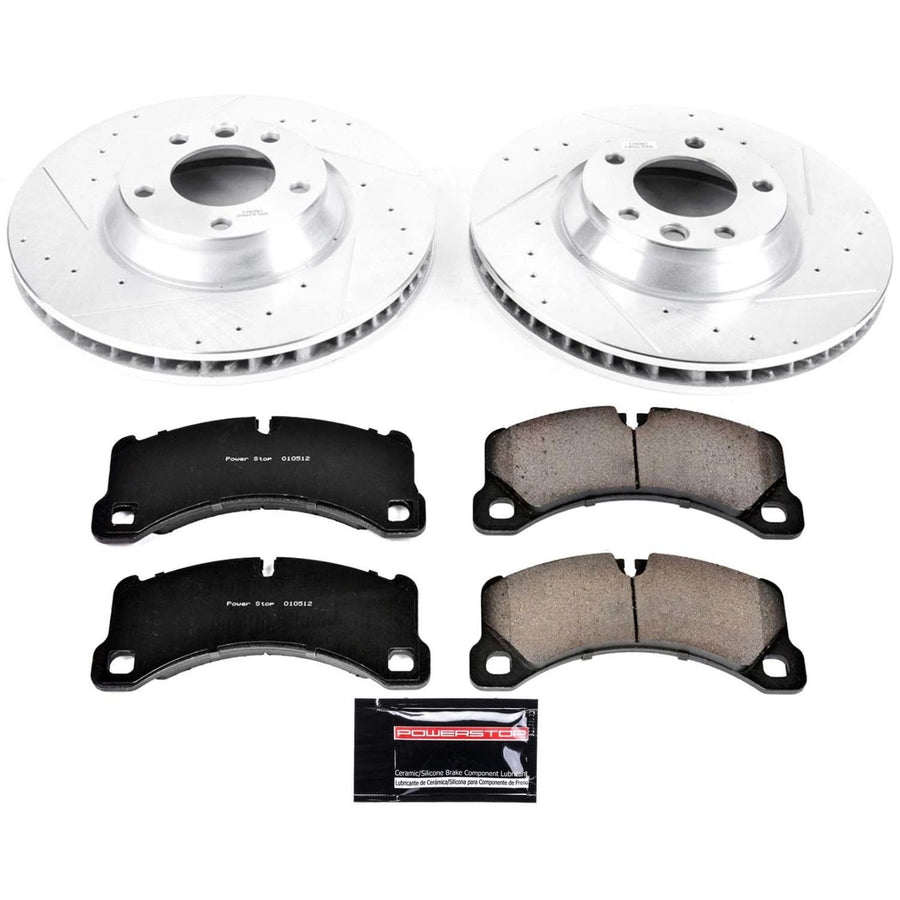 Power Stop K6049 Z23 Carbon Fiber Brake Pads Front with Drilled & Slotted Brake Rotors Kit and 2 Front Sensor Wires For Porsche Cayenne 2011-2013 [Model Specific]