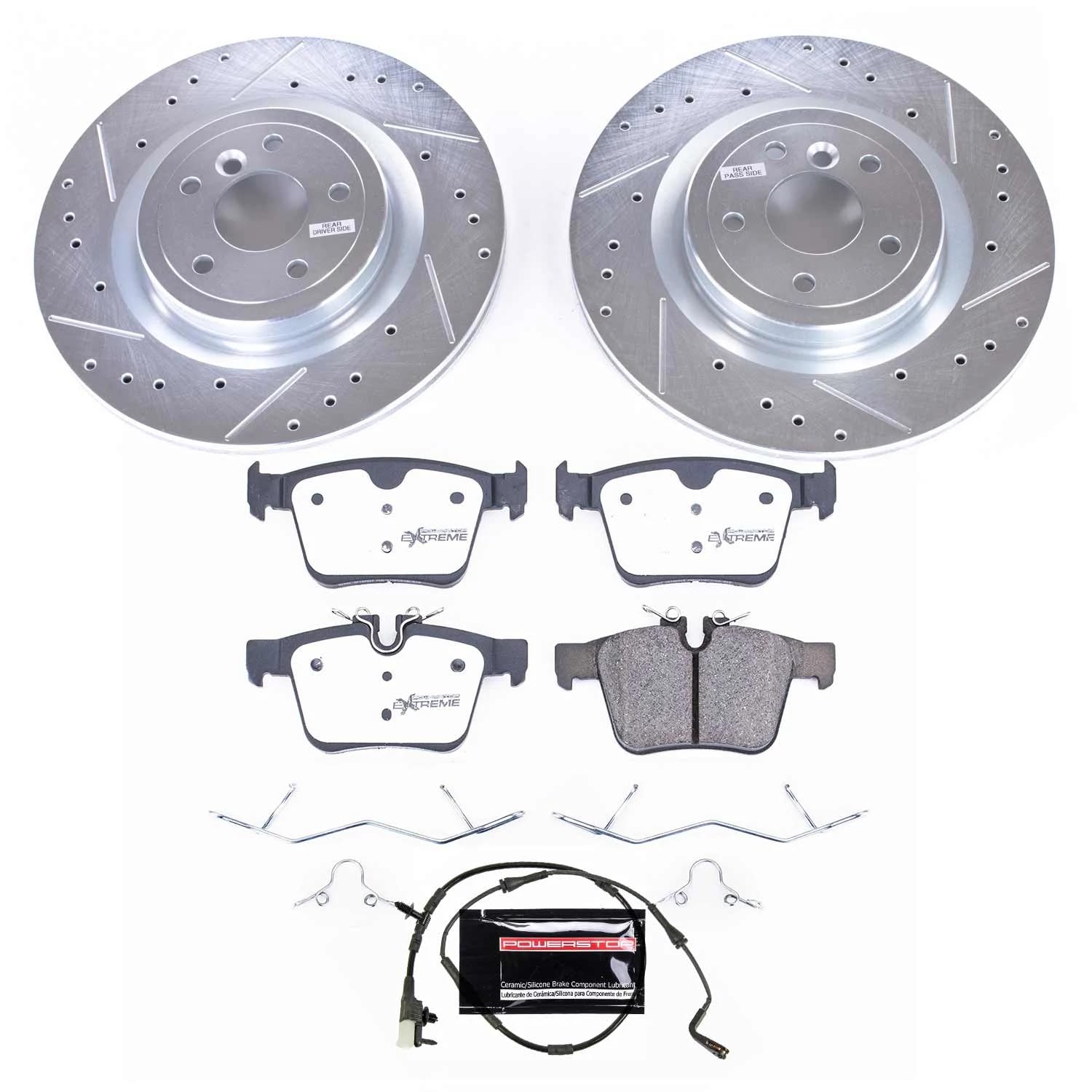 Rear Brake Kit Power Stop For 2017 2018 2019 2020 Jaguar XE - Truck & Tow Carbon Fiber Ceramic Brake Pads & Drilled and Slotted Rotors Replacement, K7733-36