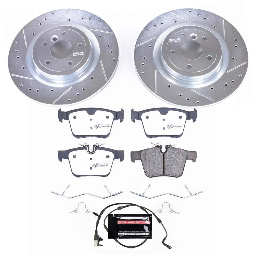 Rear Brake Kit Power Stop For 2017 2018 2019 2020 Jaguar XE - Truck & Tow Carbon Fiber Ceramic Brake Pads & Drilled and Slotted Rotors Replacement, K7733-36