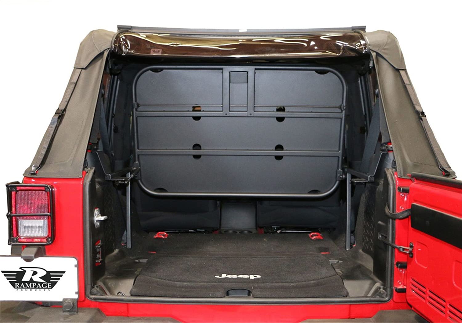 Rear RAMPAGE PRODUCTS Fold-Up Storage Rack for Jeep Wrangler JK | Black Powdercoat, Interior Mount, Fold-Up w-Rear Seat Removed | 86624 | Fits 2007-2018 Jeep Wrangler JK 2-Door