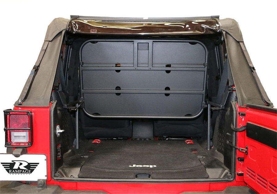 Rear RAMPAGE PRODUCTS Fold-Up Storage Rack for Jeep Wrangler JK | Black Powdercoat, Interior Mount, Fold-Up w-Rear Seat Removed | 86624 | Fits 2007-2018 Jeep Wrangler JK 2-Door