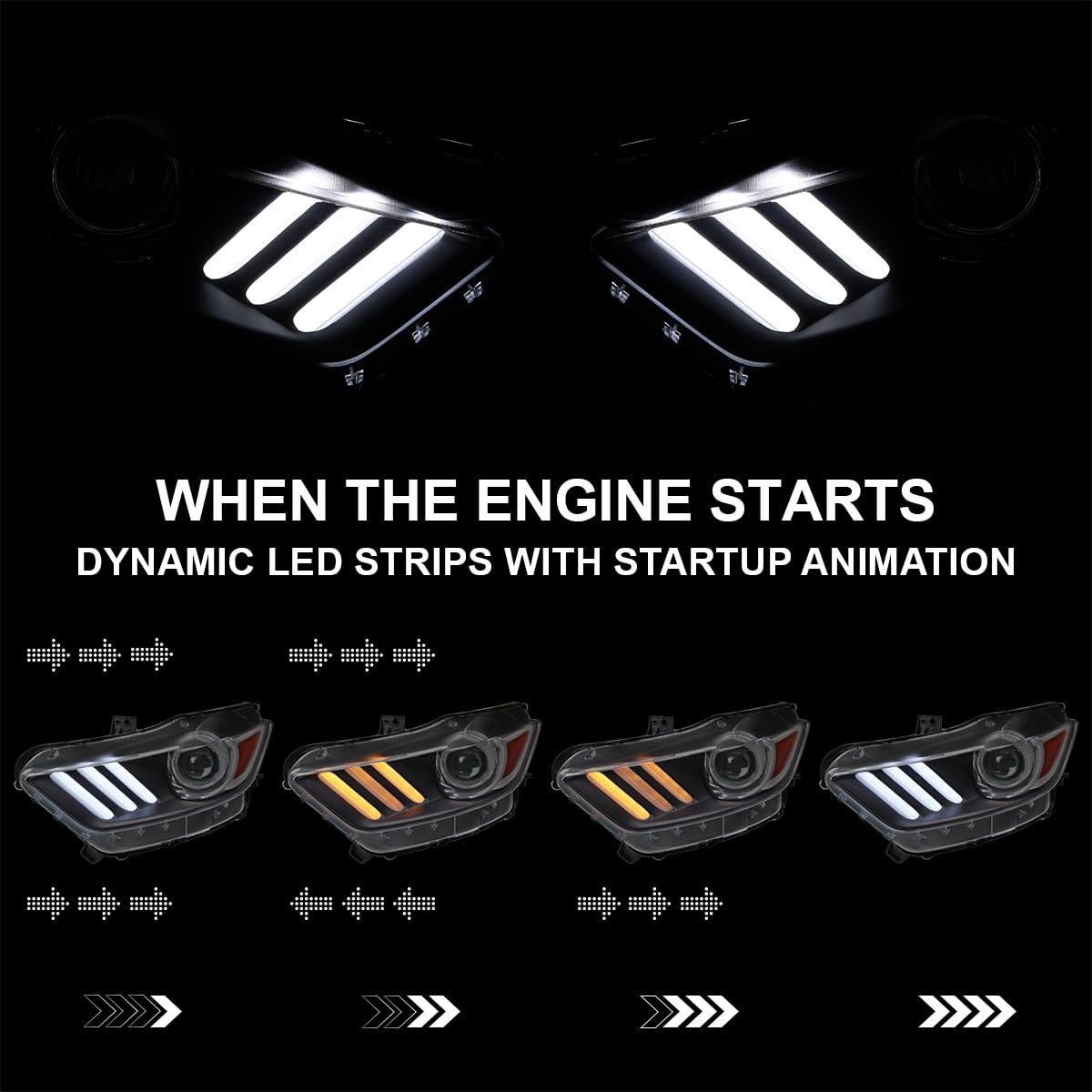 Black Projector Headlights SPEC-D TUNING w/LED Sequential Switchback Turn Signal Strips and Startup Animation Compatible with 2015-2020 Ford Mustang, Left + Right Pair Headlamps Assembly