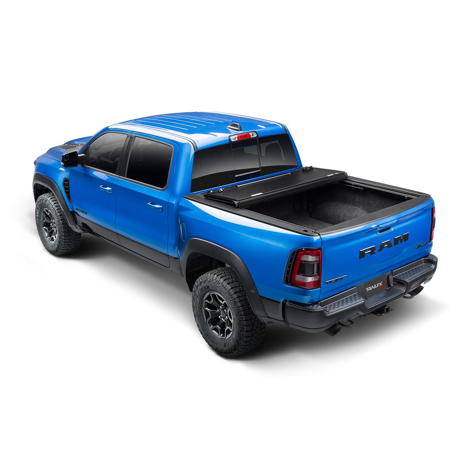 Hard Tri-Fold TrailFX Truck Bed Tonneau Cover Fits 2019-2025 Ram 1500 5.7 Foot Bed No RamBox Gloss Black Aluminum Low Profile Lockable 3-Panel Folding Design TFX8010 HF3