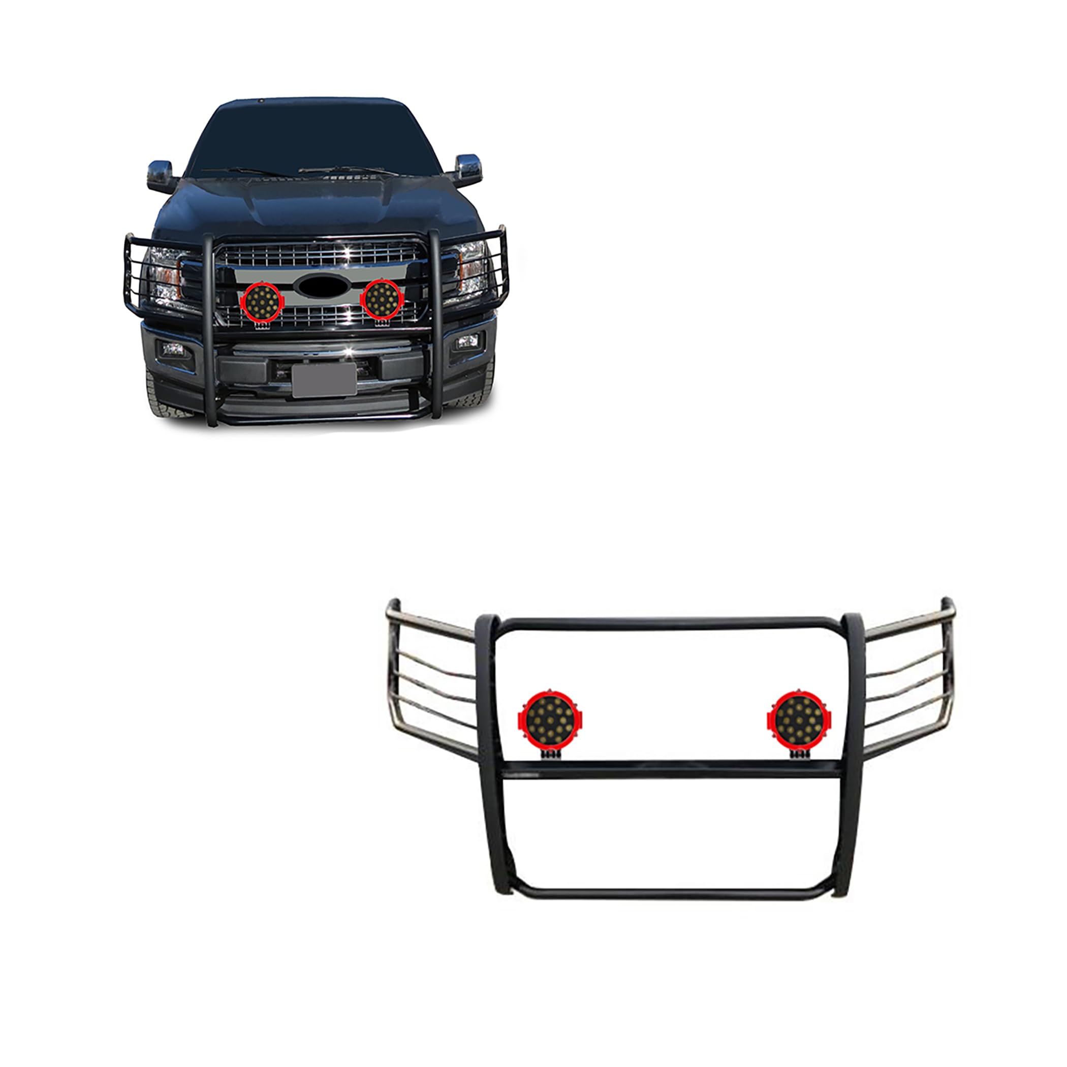 Bumper Guard Black Horse Grille brush Modular Come With pair of 7.0"Dia.LED Lights with Red Trim Rings Compatible with 2015-2024 Ford F-150-17FP32MA-PLR