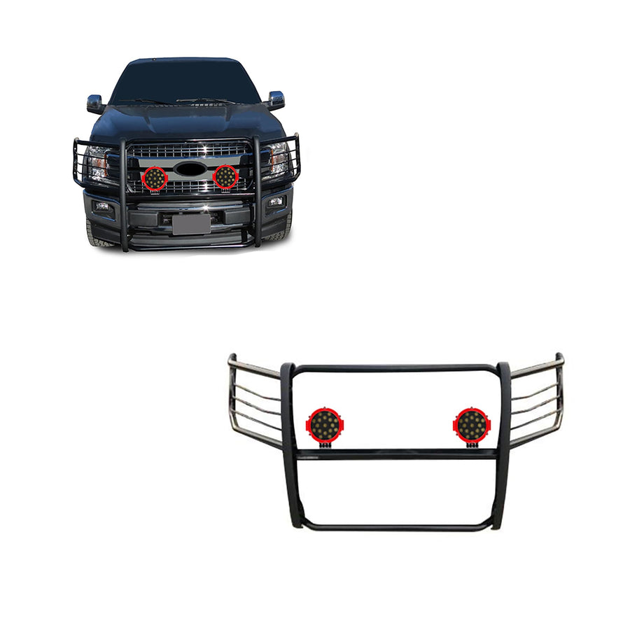 Bumper Guard Black Horse Grille brush Modular Come With pair of 7.0"Dia.LED Lights with Red Trim Rings Compatible with 2015-2024 Ford F-150-17FP32MA-PLR