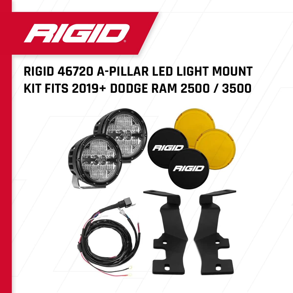 A-Pillar LED Light Mount Kit RIGID Industries FITS 2019+ Dodge RAM 2500/3500 Includes 6-Inch 360-Series Drive Optics w/Amber Backlighting and Amber & Black Covers