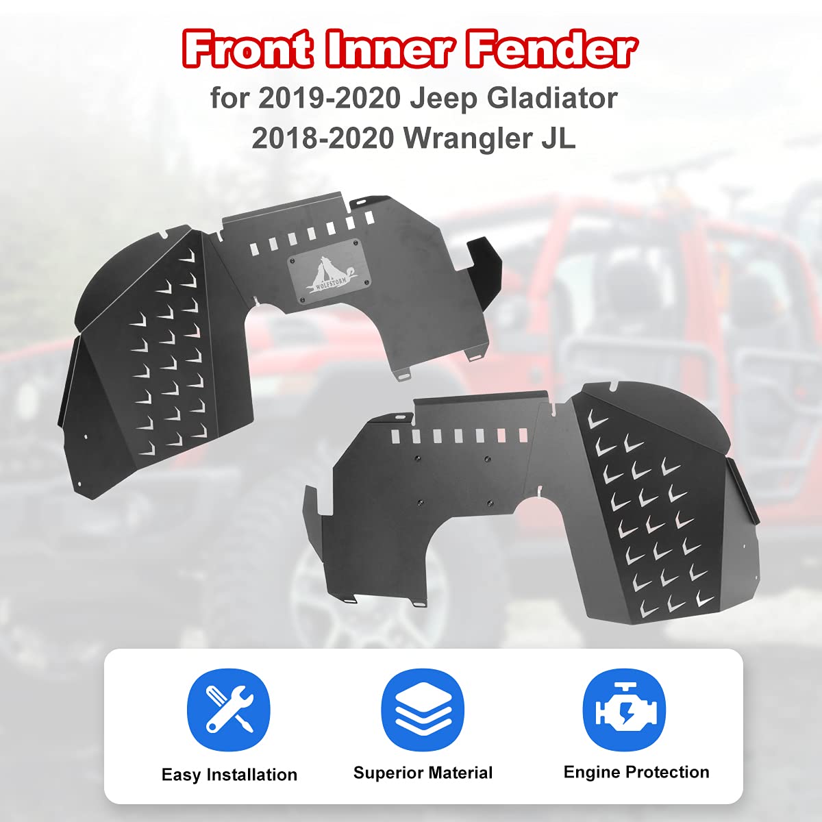 WOLFSTORM Inner Fender Liners Front Kit for 2019 2020 2021 2022 2023 Jeep Gladiator, Front Fender Flares Liner for Gladiator 1 Pair, Black Rust Proof Coat, Passenger and Driver Side (Front)