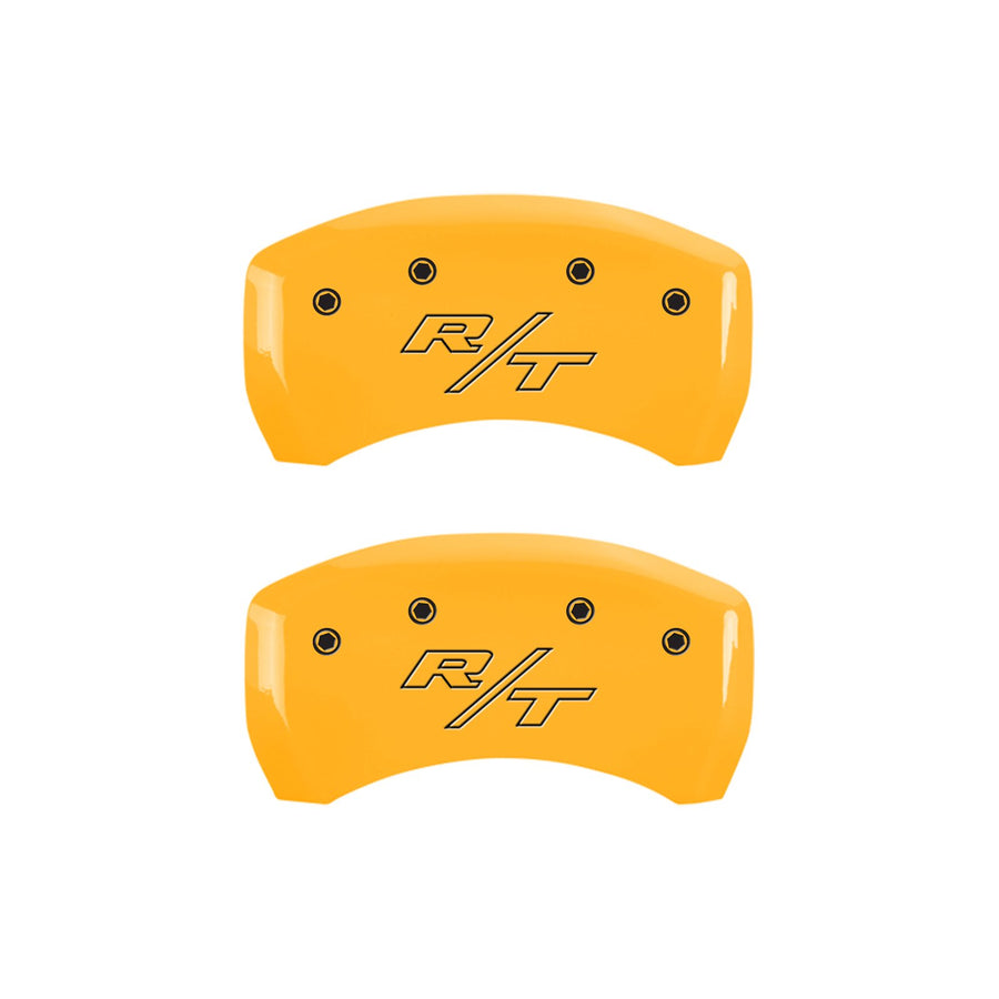 Brake Caliper Covers MGP - for 2011-2023 Dodge Challenger & 2011-2023 Dodge Charger (Requires Dual Piston Front Caliper) Front and Rear Set - Engraved R/T Vintage Logo (Yellow)