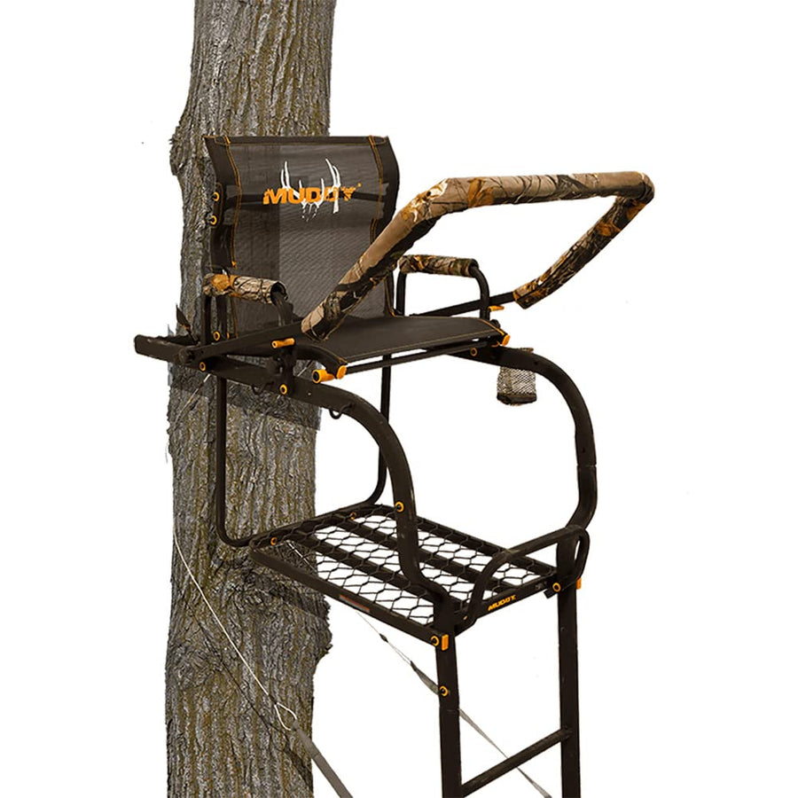 Odyssey XTL Muddy Ladder Stand - 20' Height Durable Steel Outdoor Hunting Silencer Technology Tree Stand with Padded Flip-Back Shooting Rest & Armrests, 350 Pound Maximum Capacity