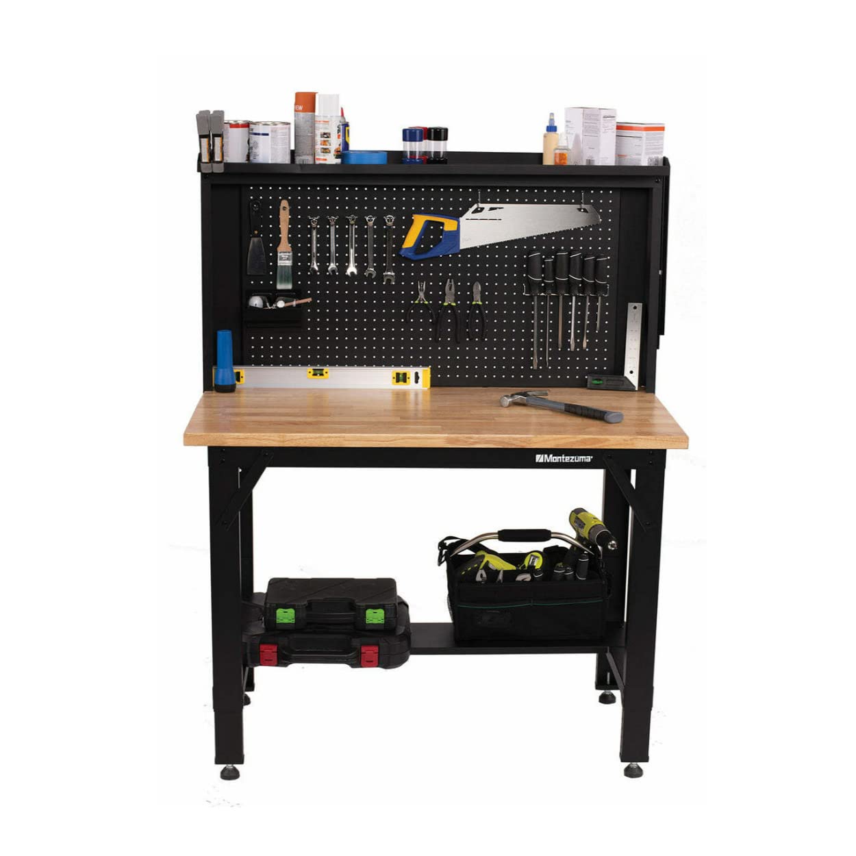 4' Adjustable Montezuma Steel and Solid Wood Workbench Station with Pegboard and Shelf Storage