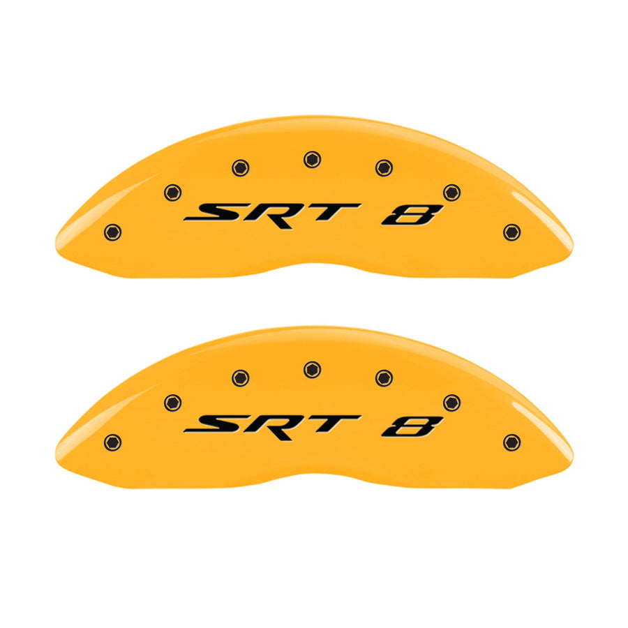 Caliper Covers MGP 32006SSR8YL, Set of 4 (Yellow Engraved Front and Rear: SRT8 Powder Coat Finish Black Characters)
