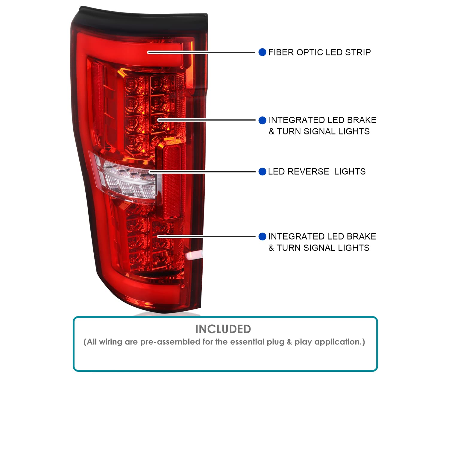 Red LED Tail Lights w/LED Tube SPEC-D TUNING Compatible with 2017-2019 Ford F250/350/450/550, Left + Right Pair Tail Lamp Assembly