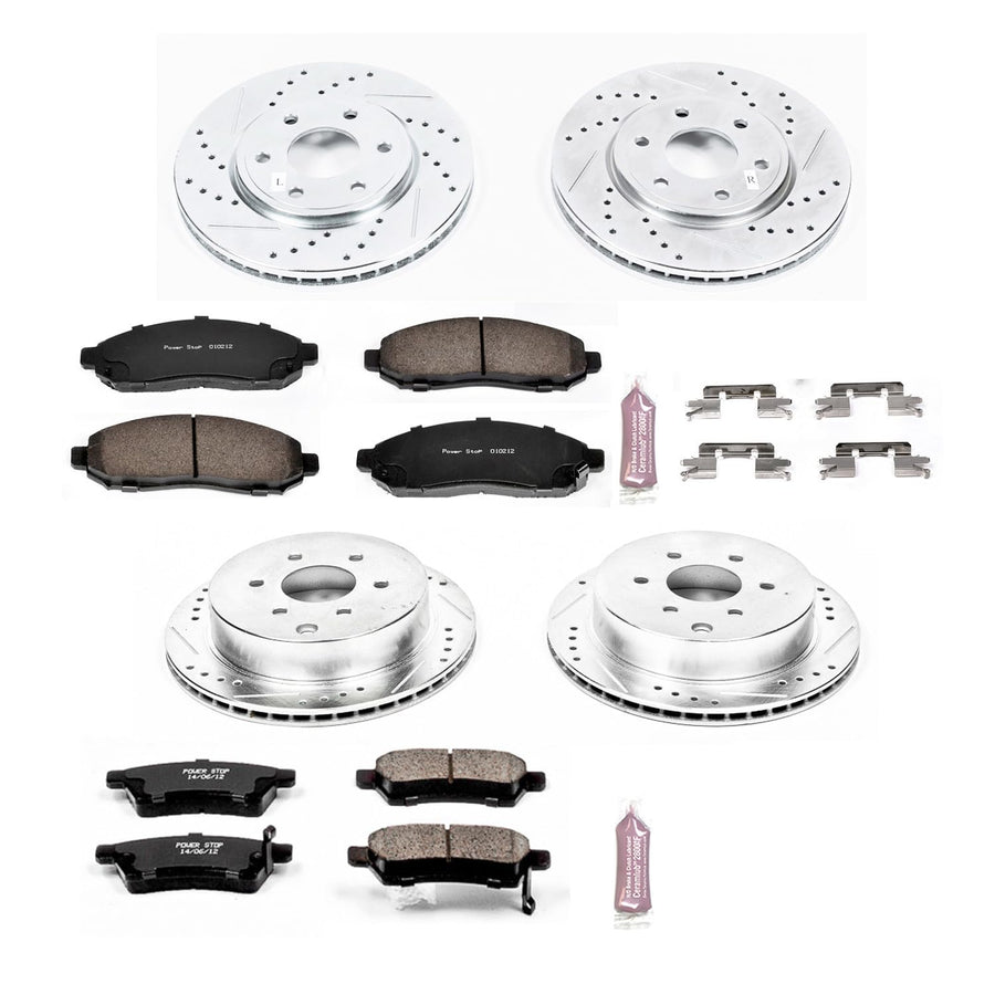 Power Stop K4063 Z23 Carbon Fiber Brake Pads Front and Rear with Drilled & Slotted Brake Rotors Kit For Nissan Frontier 2005-2015, Suzuki Equator 2009-2012 [Model Specific]